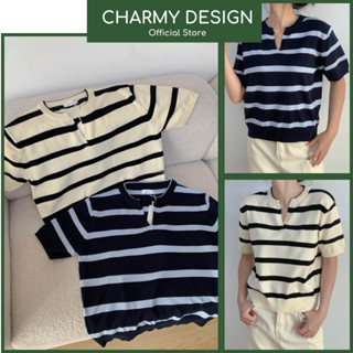 Áo Thun Nữ Mongtoghi Wipo Cổ V Kẻ Sọc Ngang Cá Tính, Áo Nữ Tay Lỡ Vải Thun Cotton Mềm Mịn Co Giãn Tốt Thời Trang Charmy