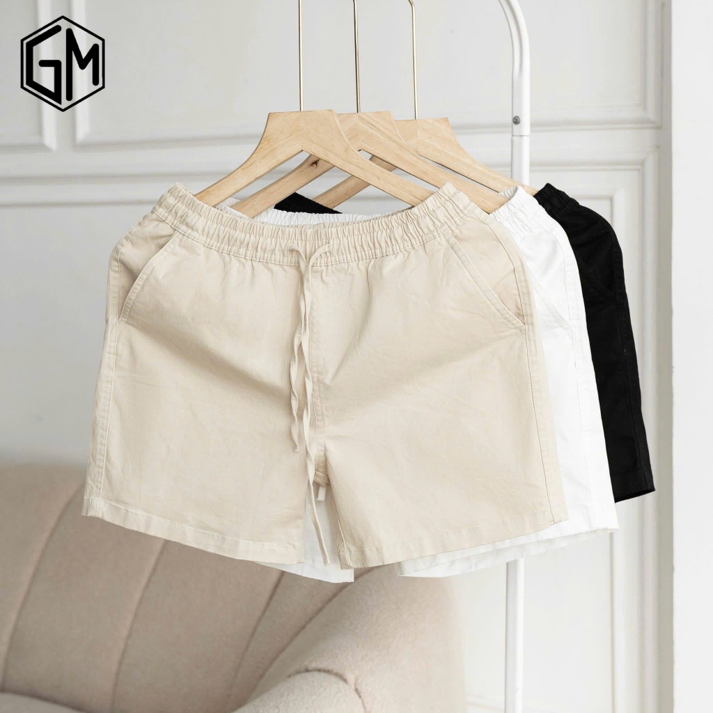 quần shorts kaki nam basic cotton cạp chun dáng cộc trên gối