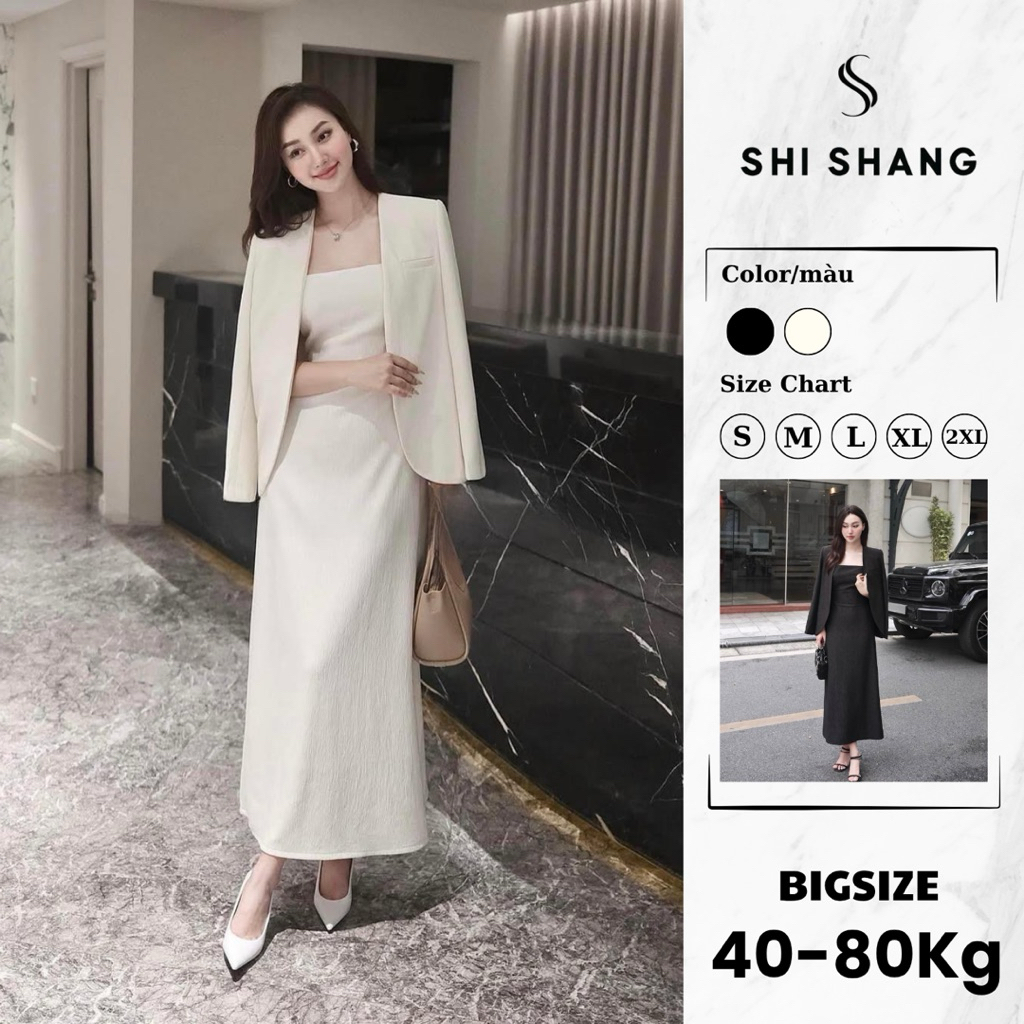[𝐂𝐚𝐨 𝐜ấ𝐩] Set Áo Blazer kèm váy 2 dây dáng A, Set thiết kế Bigsize cao cấp by Shi Shang