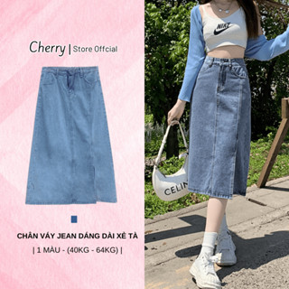 Chân váy jean dài xẻ tà CHERRY cạp cao Hàn Quốc Chân váy bò dáng dài qua gối eo cao xẻ tà trước T085
