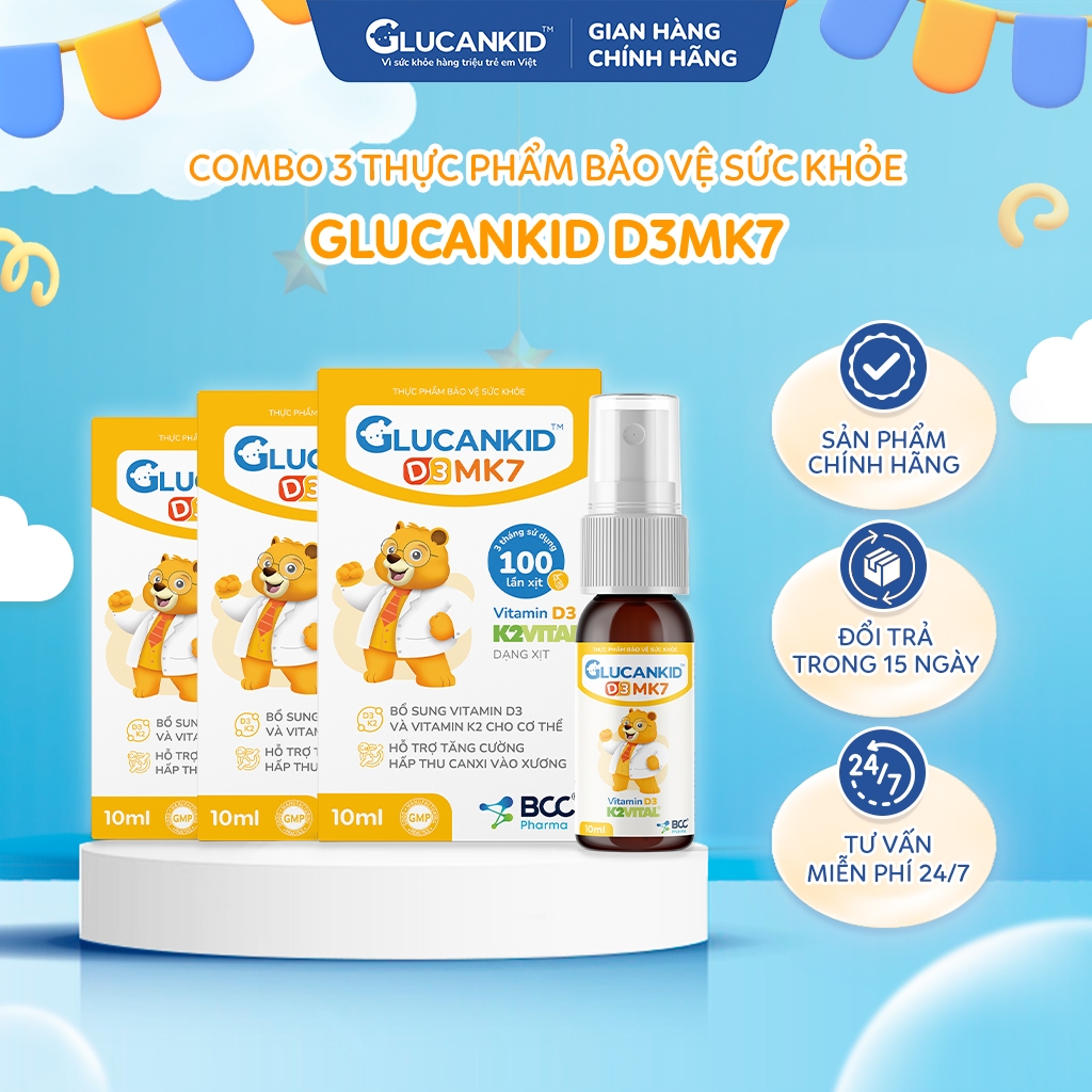 (Combo 3 tặng 1) TPBVSK Glucankid D3MK7 dạng xịt, hỗ trợ bổ sung Vitamin D3 K2, tăng cường hấp thu c