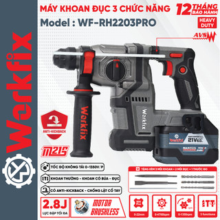  Máy Khoan Đục Bê Tông Pin Workfix WF-RH2203PRO Lực Đập 2,8J Có ANTI-KICKBACK Động Cơ Lõi Đồng 
