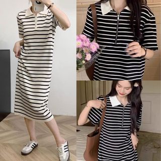 Váy polo cộc tay kẻ ngang đen trắng cổ khóa dáng dài form rộng Đầm nữ suông bigsize bầu mặc được đơn giản basic T1211G