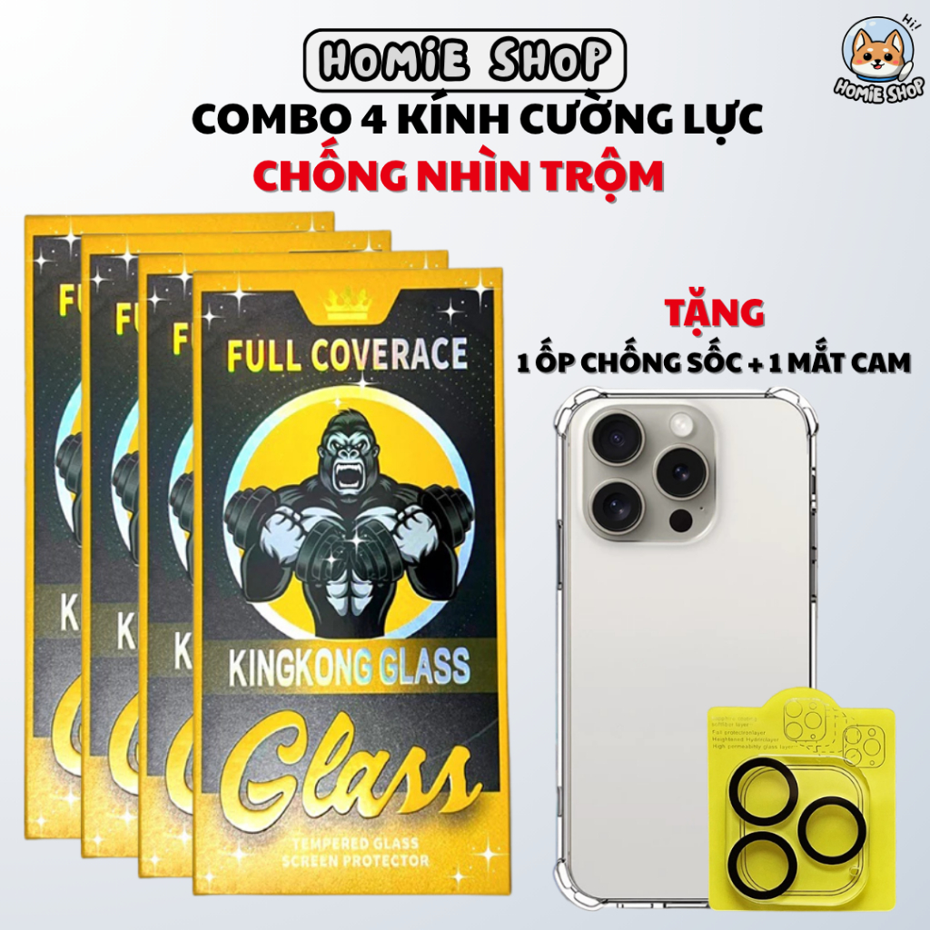 [TẶNG ỐP TRONG] COMBO 4 Kính Cường Lực KINGKONG GLASS CHỐNG NHÌN TRỘM Có Khung Tự Dán Dành Cho Ip -H