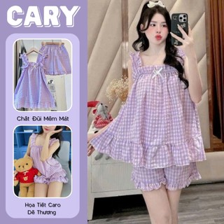 Đồ bộ ngủ hai dây nhún bản to chất liệu đũi xốp họa tiết sọc caro mặc nhà mùa hè dễ thương CARY