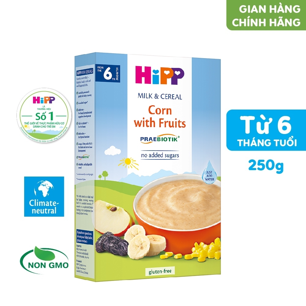 Bột ăn dặm dinh dưỡng Sữa, Hoa quả, Bắp HiPP 250g
