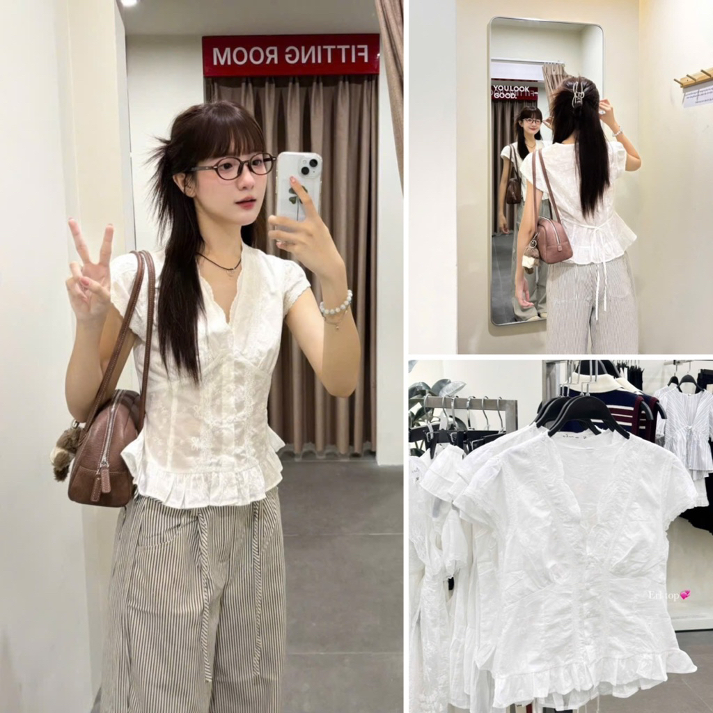   HÀNG ĐẸP CÓ SẴN  Áo ren trắng tay hến cổ V xẻ ngực có lót ERISS TOP 