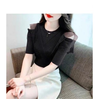 áo len kiểu hở vai phối lưới tay cộc xinh xoẻ thời trang cho nữ