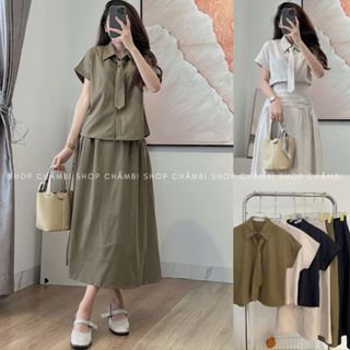 [TẶNG CÀ VẠT] Set đồ nữ đi chơi S.205, Set áo tay ngắn kèm chân váy dài phối cà vạt phong cách basic - Shop Chấm Bi