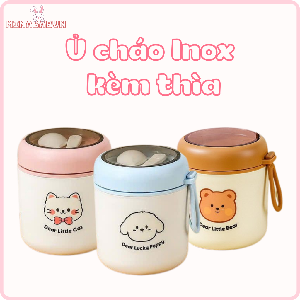 Bình Giữ Nhiệt Cháo Bé Ăn Dặm, Ủ Cháo Chất Liệu Inox 304 Kèm Thìa Gấp Và Túi Đựng Mang Đi Tiện Lợi