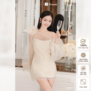 Set váy Khiết Style lụa trượt phối áo choàng lệch vai bồng bềnh đính hoa 3D phong cách dự tiệc KS283