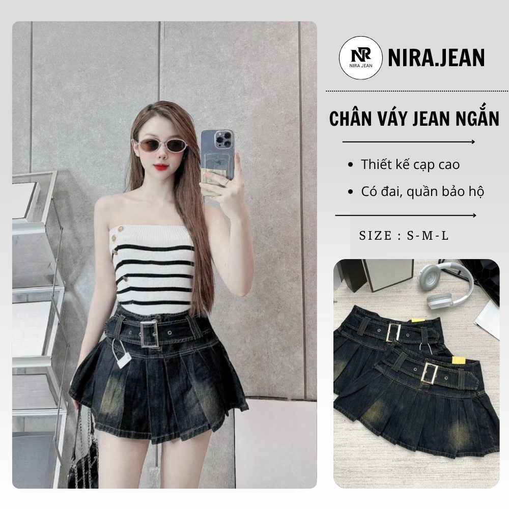 Chân váy xoè ngắn NIRA JEAN chân váy jean ngắn xòe kèm đai màu đen ánh rêu size S M L 6505