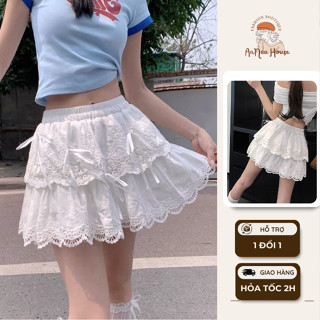Chân váy xoè ngắn ANNA HOUSE chân váy trắng ngắn 2 Tầng Viền Ren Gợi Sóng Đính Nơ Xếp Bèo Tầng, Chân Váy Nơ Ngắn