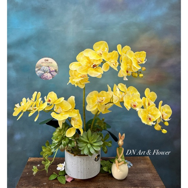 Hoa lan hồ điệp vàng. Hoa lụa cao cấp decor, hoa giả trang trí - Bình hoa, chậu hoa để bàn
