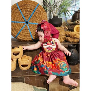 [Lontonkids]Set 3 món váy yếm trung thu bé gái họa tiết lân đỏ cách điệu cho bé chất cotton đũi mát mẻ tặng mấn khăn hoa