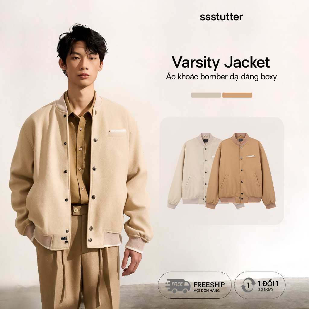 Áo khoác bomber nam nữ SSSTUTTER áo varisty có lót lụa nút bấm hàn quốc THE HOLIDAY VARSITY JACKET