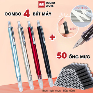 Bút Máy Ngòi EF COMBO 4 Bút + 50 Ống Mực Đen/ Xanh/ Tím - Bút Ký Văn Phòng, Bút Máy Học Sinh Kèm Đầu Tẩy Xóa Mực