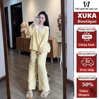 Bộ ngủ dài tay nữ kẻ caro thắt nơ xinh xắn, bộ pijama nữ  chất thô đũi hàn quốc mặc mùa hè XUKA BOUTIQUE hcom3218
