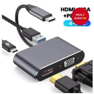 Cổng USB HUB 4 trong 1 VGA Laptop 4K HDMI Adapter PD Charge Laptop Type C Splitter Docking Station