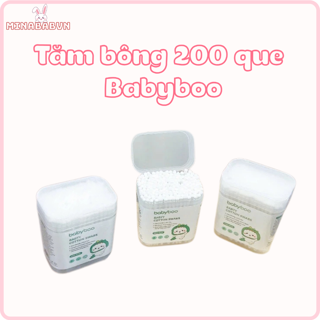 Hộp tăm bông 200 que cho bé, Tăm bông BABYBOO gồm 2 đầu vệ sinh tai mắt cho bé an toàn tiện lợi
