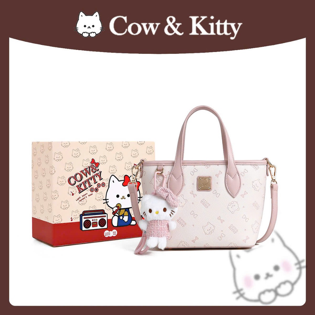 Túi Giỏ Cow & Kitty Dáng Làn Dễ Thương – Kèm Charm Kitty – Tông Hồng Pastel – Hộp Quà Sang Trọng