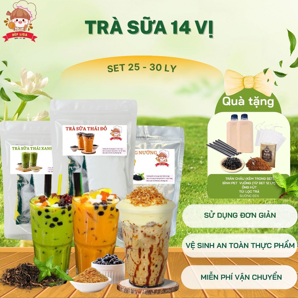 Set trà sữa nhà nấu 14 vị - Mua 1 tặng 3 (chai pet, trân châu, túi lọc trà)