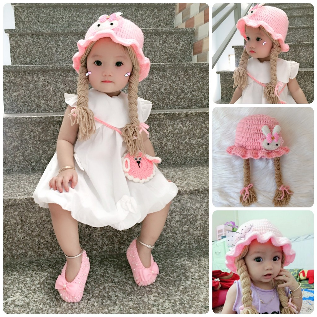 Nón len handmade có 2 bím tóc dài cho bé yêu - Dương liễu handmade