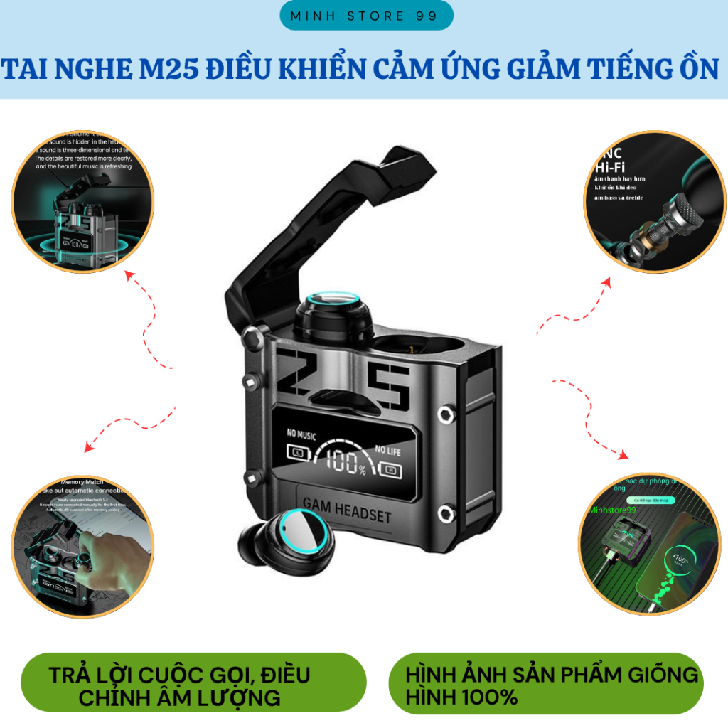 [M25] Tai nghe bluetooth gaming M25, delay cực thấp khi chơi game, có mic, kiêm sạc dự phòng