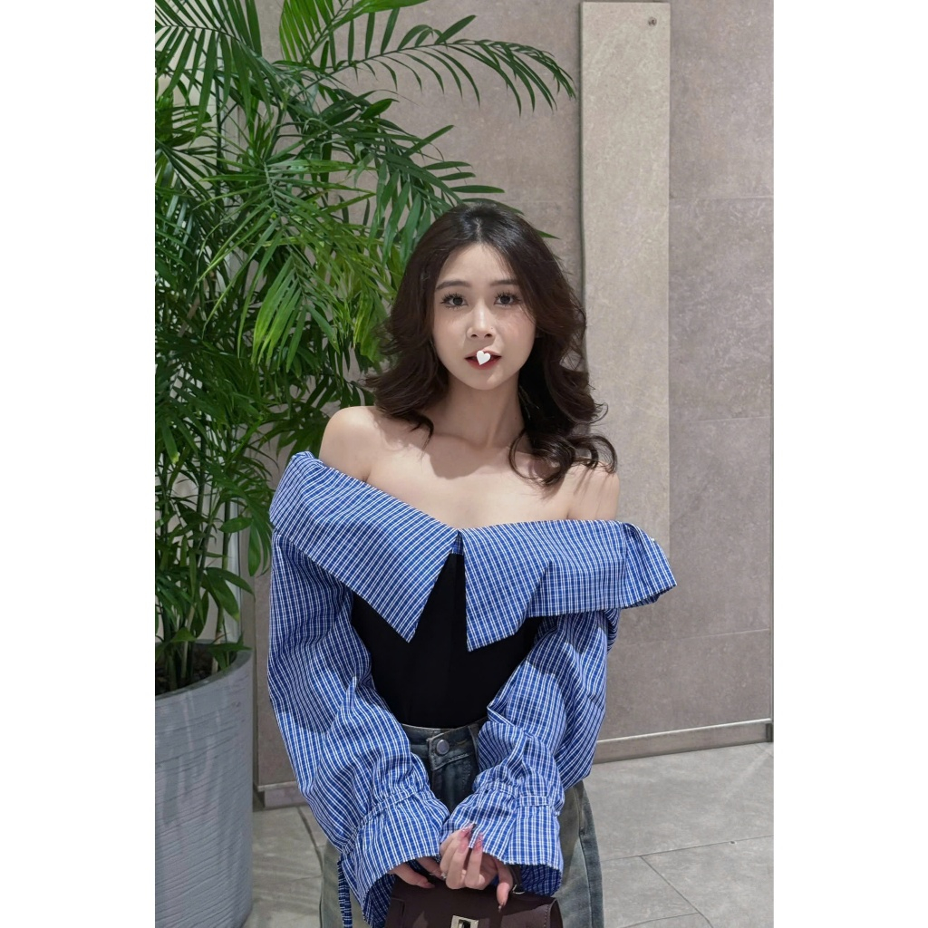 Áo thun trễ vai nữ Timo, phối kẻ caro phong cách trẻ trung mặc đi chơi AOT003 | BigBuy360 - bigbuy360.vn