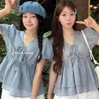 (PB.HAVANA) CÓ BIGSIZE Áo kiểu MISO babydoll họa tiết sọc nhỏ phối dây buộc AO600