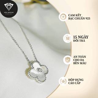 Dây Chuyền Nữ Bạc 925 Xi Kim Italy 750 Cỏ Bốn Lá Viền Châu Hột Chủ 3 Ly Sang Trọng-Vân Khánh Jewelry
