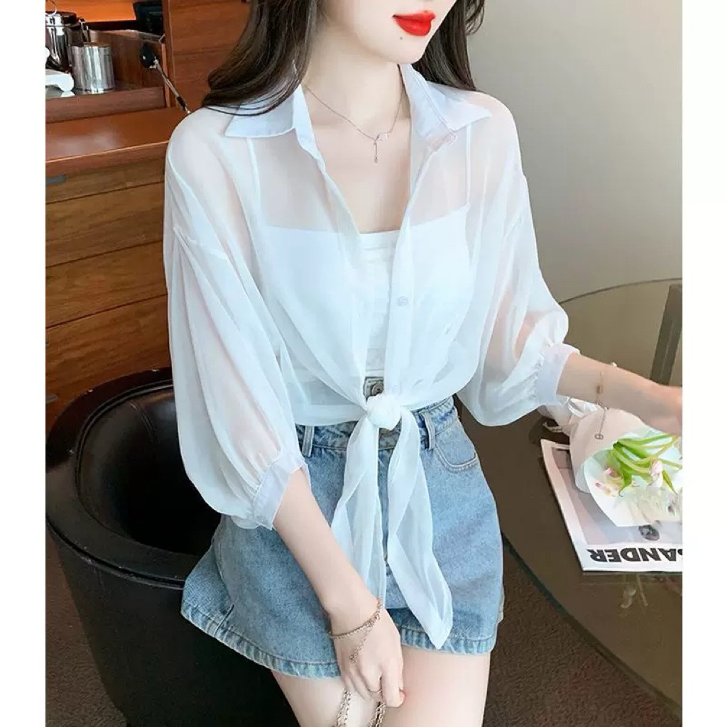 💫 Set 2 Món Sơ Mi Voan Xuyên Thấu Cột Bụng + Áo 2 Dây Trơn – Sexy Nhẹ Nhàng, Gợi Cảm Đủ Đô