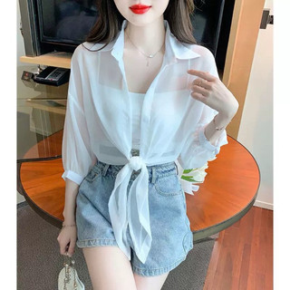 💫 Set 2 Món Sơ Mi Voan Xuyên Thấu Cột Bụng + Áo 2 Dây Trơn – Sexy Nhẹ Nhàng, Gợi Cảm Đủ Đô