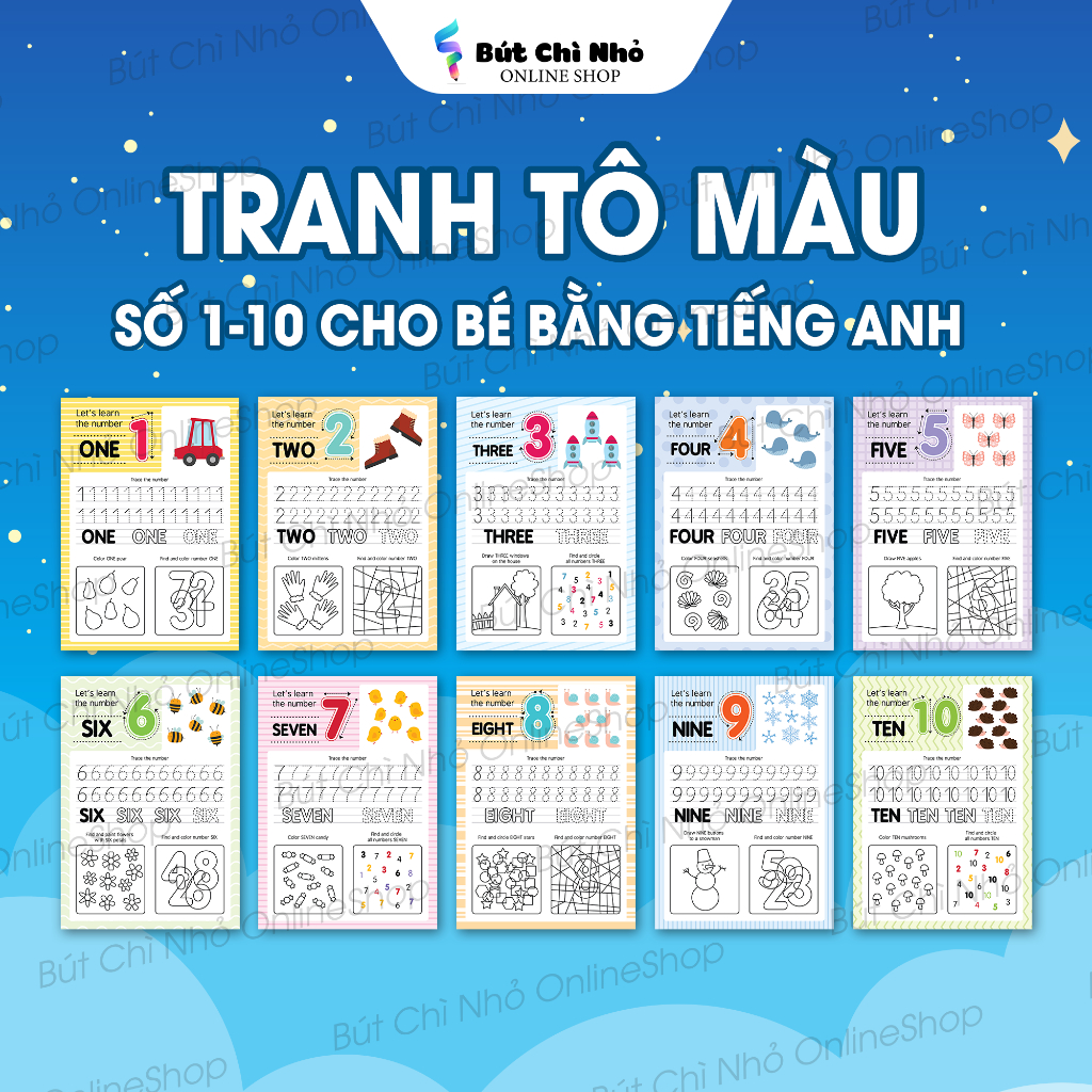 Tranh tô màu số 1-10 cho bé bằng tiếng Anh - Kích thước A4, A5 định lượng 100gsm dày dặn, chống lóa 