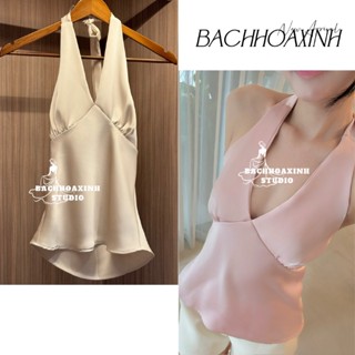  Áo Lụa Cổ Yếm Cột Dây Lưng Chun Ôm Eo Loe Nhẹ - Áo 2 Dây Nữ Lụa Basic Sang Trọng 