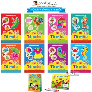 Sách - Tập Tô Màu Cho Bé Từ 3-4 Tuổi Song Ngữ Anh Việt - Bộ 8 Quyển Kèm Hộp Màu Sáp ( Có Túi Đựng )