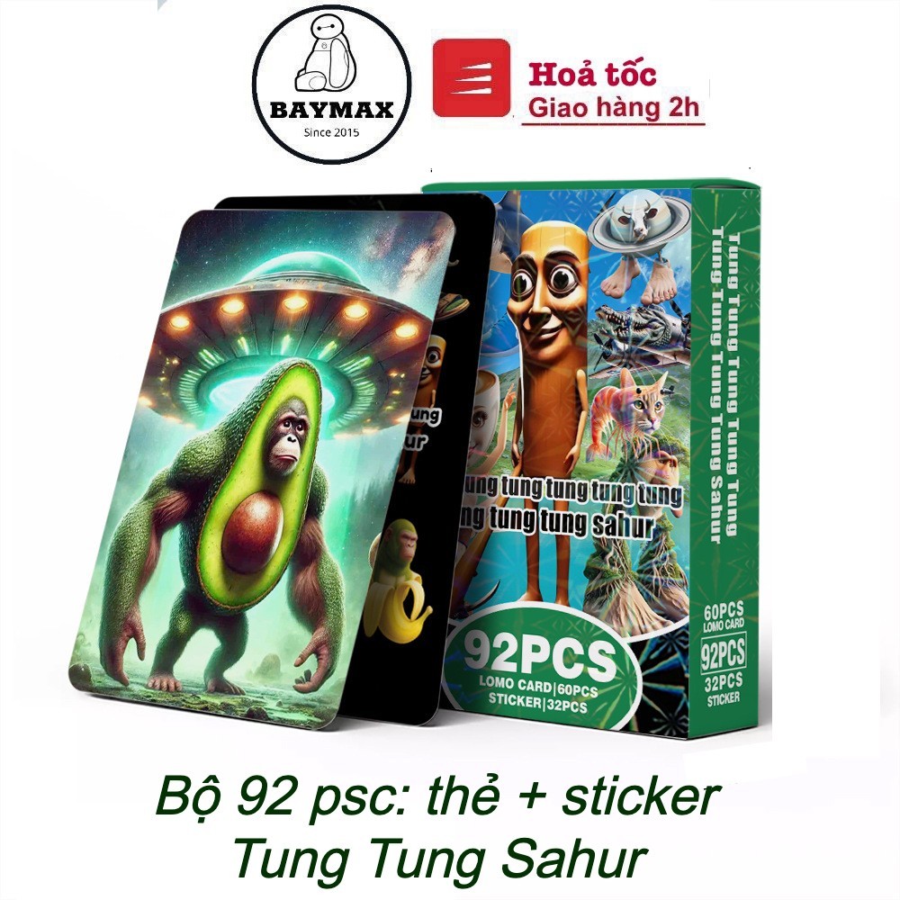 BỘ 92PSC: THẺ + STICKER Tung Tung Sahur, Tralalero, bộ thẻ thế giới Brainrot cho bé