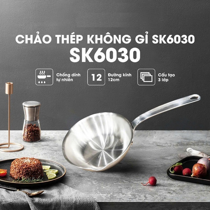 Chảo Chống Dính Tự Thân Cạn Lòng,  Inox 304 Đúc Nguyên Khối 3 Lớp 12cm