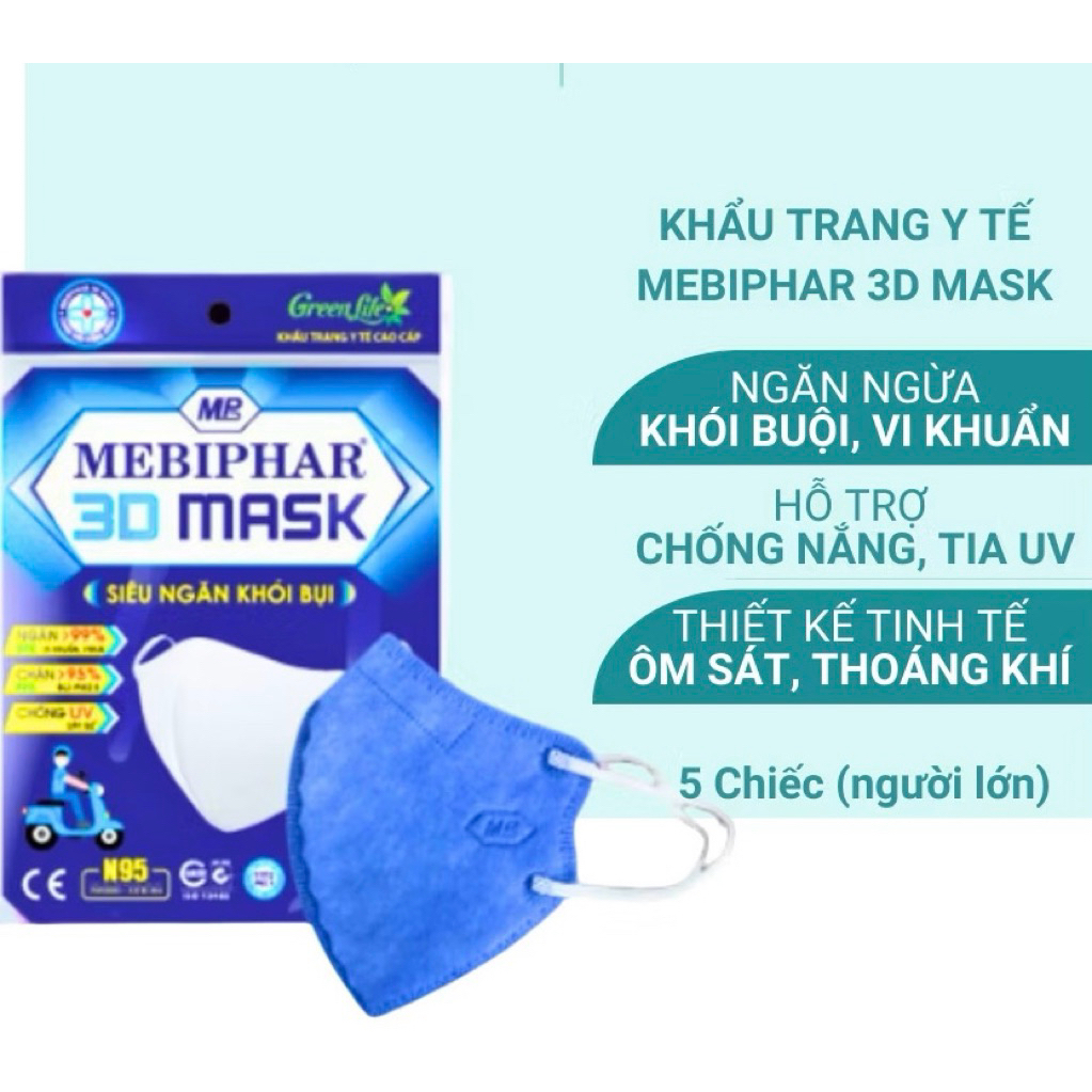 combo 5 gói Khẩu trang y tế MEBIPHAR 3D MASK chống tia UV thiết kế thông minh - Túi 5 cái màu xanh