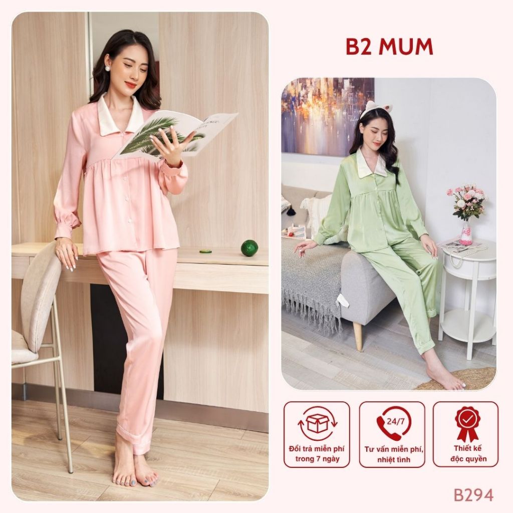 Bộ bầu và sau sinh chất lụa ngọc trai quần có chun chỉnh bụng áo có khóa cho bé ti - B294 B2 MUM