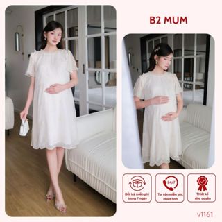 Váy bầu tơ thêu cao cấp 2 lớp có cúc chỉnh sườn V1161 thiết kế by B2MUM