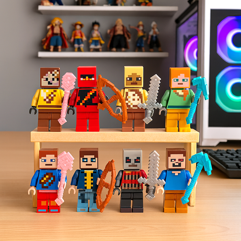 Bộ 8 Mô Hình Lego Mini Minecraft ( Lấy Ngẫu Nhiên) Kèm Vũ Khí Trang Trí Bánh Kem, Bàn Học, Kệ Sách T