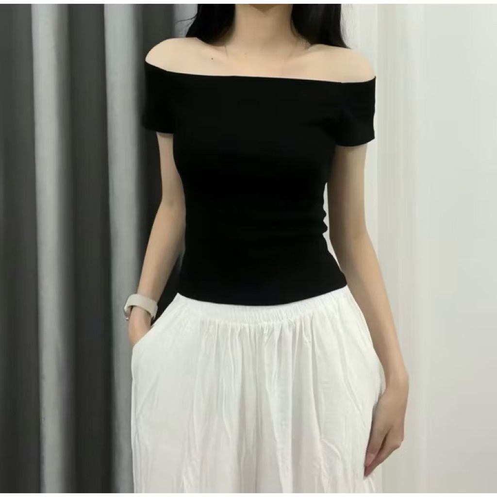 Áo thun trễ vai tay ngắn ôm body chất thun tăm co dãn thoải mái tôn dáng | BigBuy360 - bigbuy360.vn