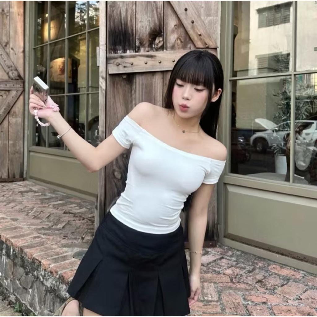 Áo thun trễ vai tay ngắn ôm body chất thun tăm co dãn thoải mái tôn dáng | BigBuy360 - bigbuy360.vn