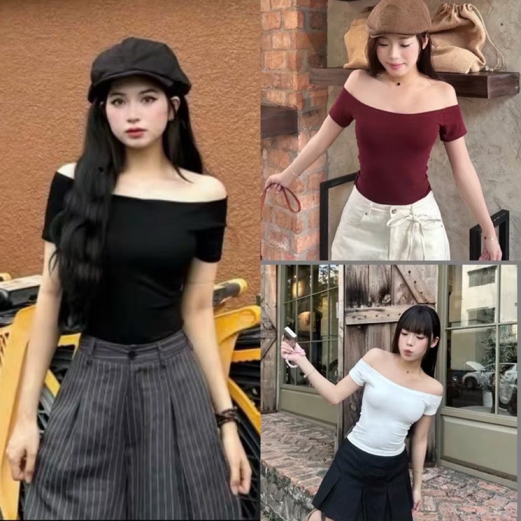 Áo thun trễ vai tay ngắn ôm body chất thun tăm co dãn thoải mái tôn dáng | BigBuy360 - bigbuy360.vn