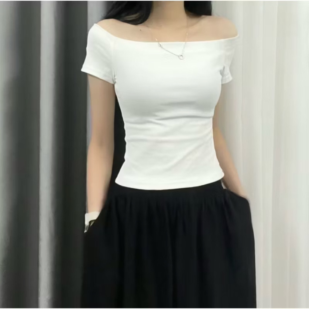 Áo thun trễ vai tay ngắn ôm body chất thun tăm co dãn thoải mái tôn dáng | BigBuy360 - bigbuy360.vn