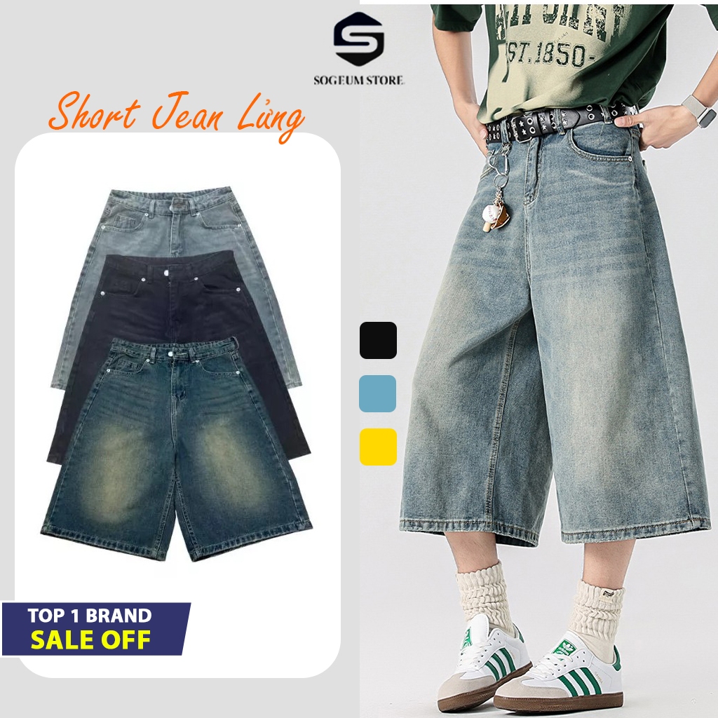 Quần Short Lửng Ngố Jean bò Nam nữ Đen Xanh Retro form baggy ống rộng cao cấp Sogeum Store