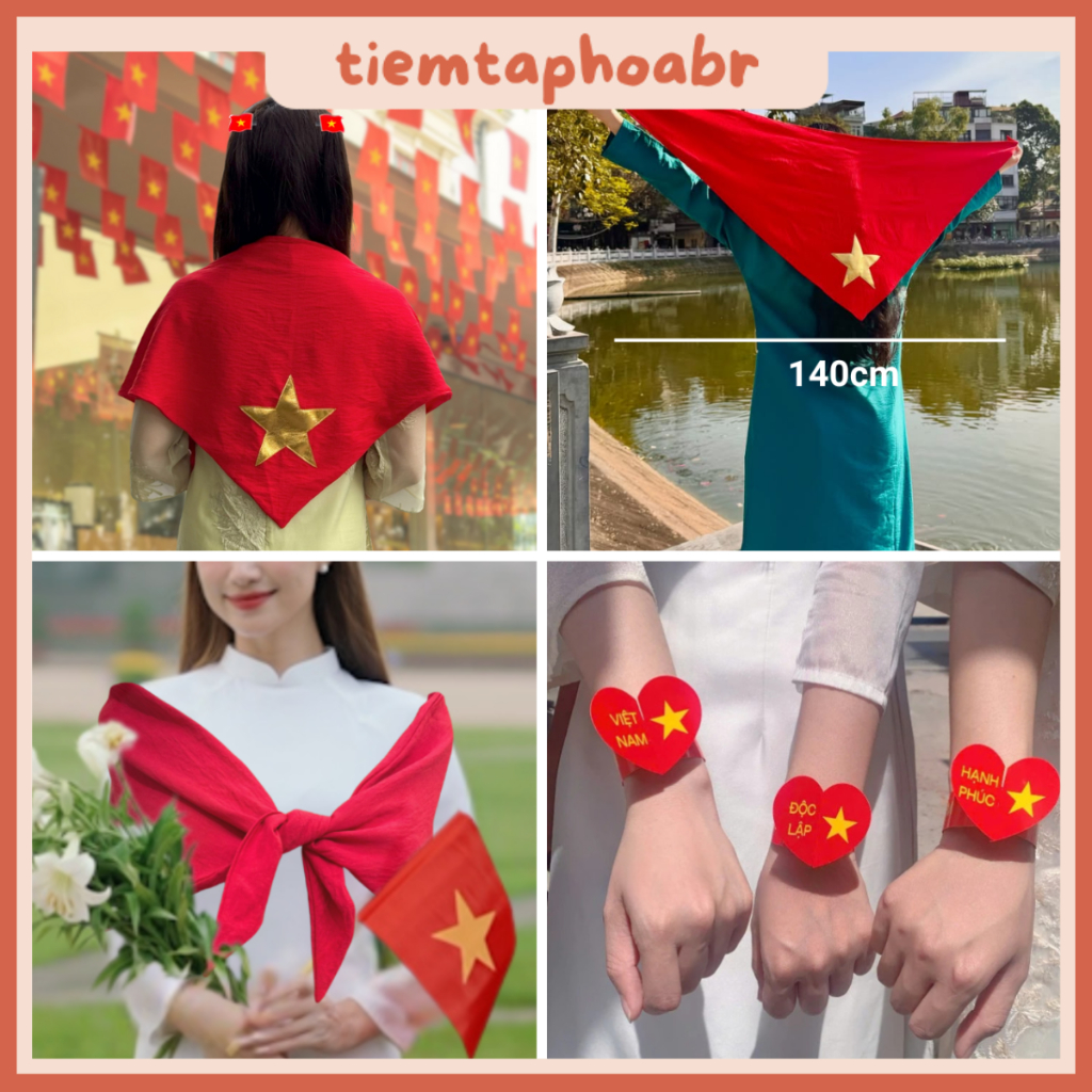 [Chất đẹp 2 lớp] Khăn Quàng Cờ Đỏ Sao Vàng Nhũ Vải Da-Khăn quàng mặc áo dài, tự hào dân tộc Việt Nam 02792