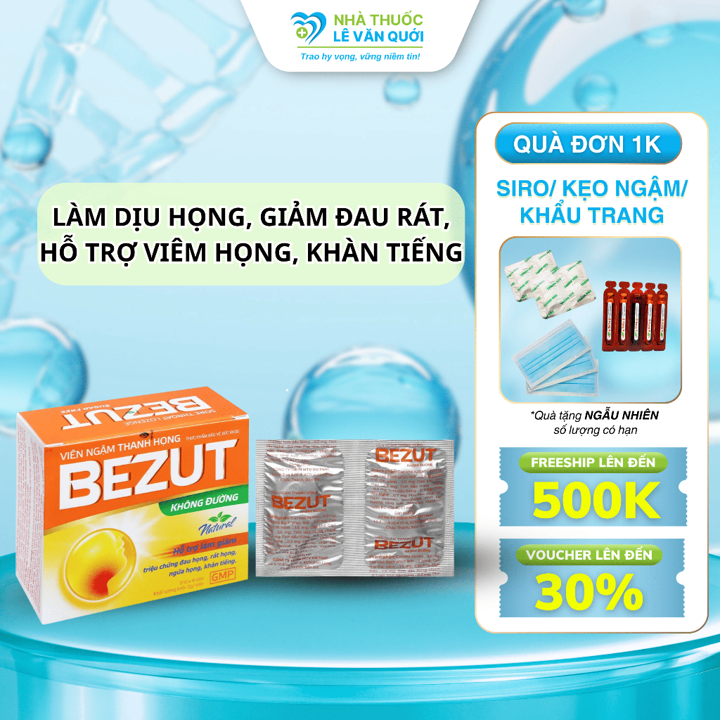 [🚗TẶNG XE MINI] Viên Ngậm Thanh Họng BEZUT Không Đường Giảm Viêm Họng, Khàn Tiếng Hộp 5 Vỉ x 4 Viên
