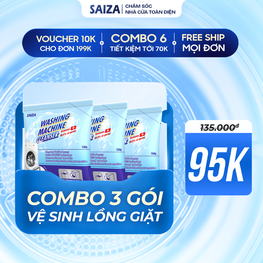 Bột vệ sinh lồng máy giặt SAIZA – Combo 3 gói tẩy lồng giặt, khử mùi, làm sạch cặn bẩn, diệt khuẩn